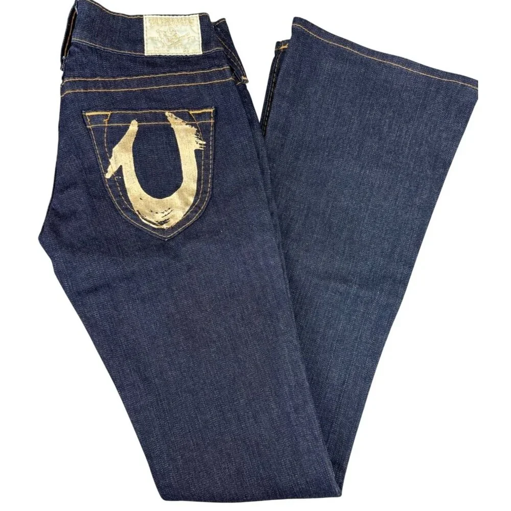 True Religion Bobby Womens 25 Dark Wash Flare Jeans NWOT White Gold Tag Made-USA - Picture 1 of 16
